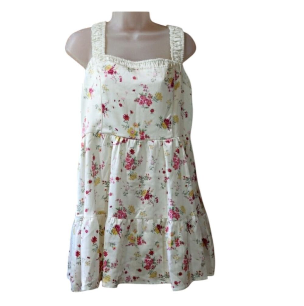 Forever 21 White Pink Floral Babydoll Mini Dress Square Neck Sleeveless XL NWT